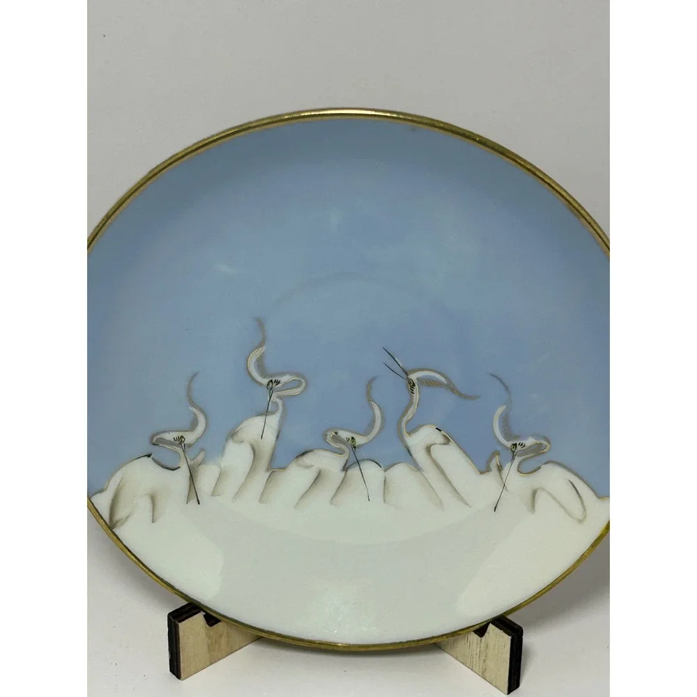Mitsu-Boshi Japan Porcelain Saucer Blue White Egrets Herons‎ Gold Trim Set of 4